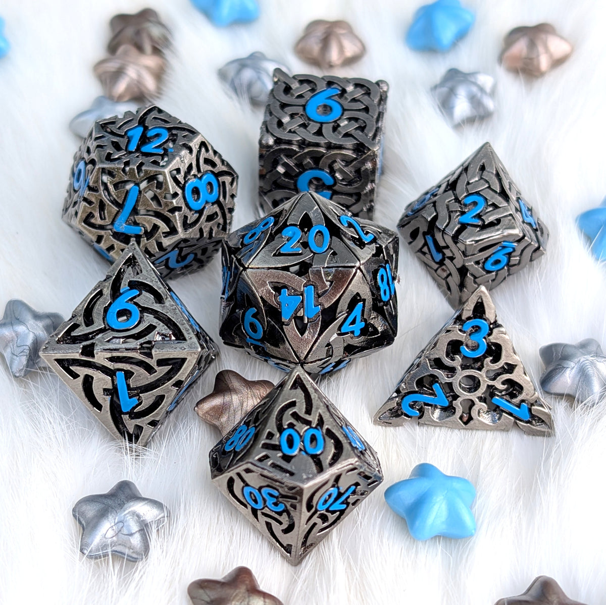 Celtic Knot Hollow Metal Dice Set, Dark Nickel with Blue Numbers