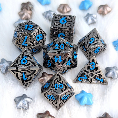 Celtic Knot Hollow Metal Dice Set, Dark Nickel with Blue Numbers