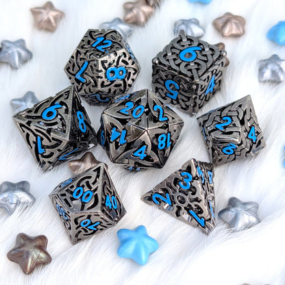 Celtic Knot Hollow Metal Dice Set, Dark Nickel with Blue Numbers