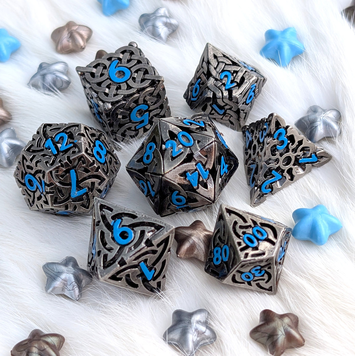 Celtic Knot Hollow Metal Dice Set, Dark Nickel with Blue Numbers
