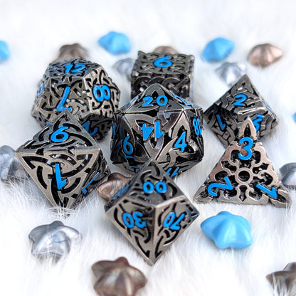 Celtic Knot Hollow Metal Dice Set, Dark Nickel with Blue Numbers