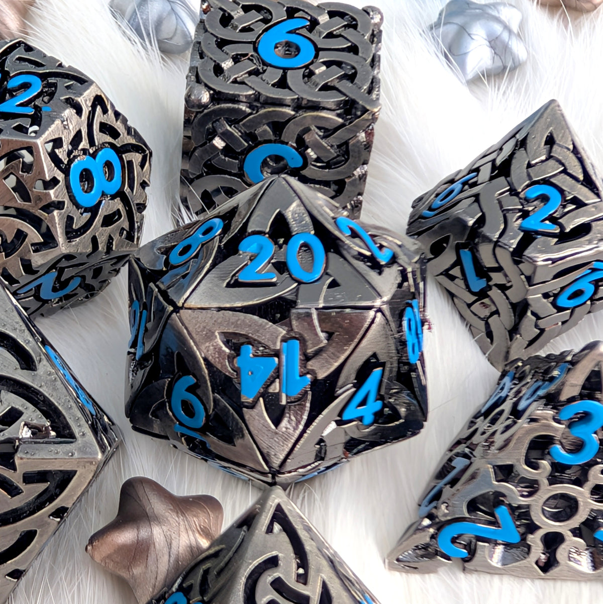 Celtic Knot Hollow Metal Dice Set, Dark Nickel with Blue Numbers