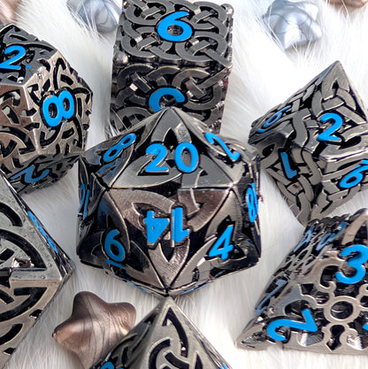 Celtic Knot Hollow Metal Dice Set, Dark Nickel with Blue Numbers