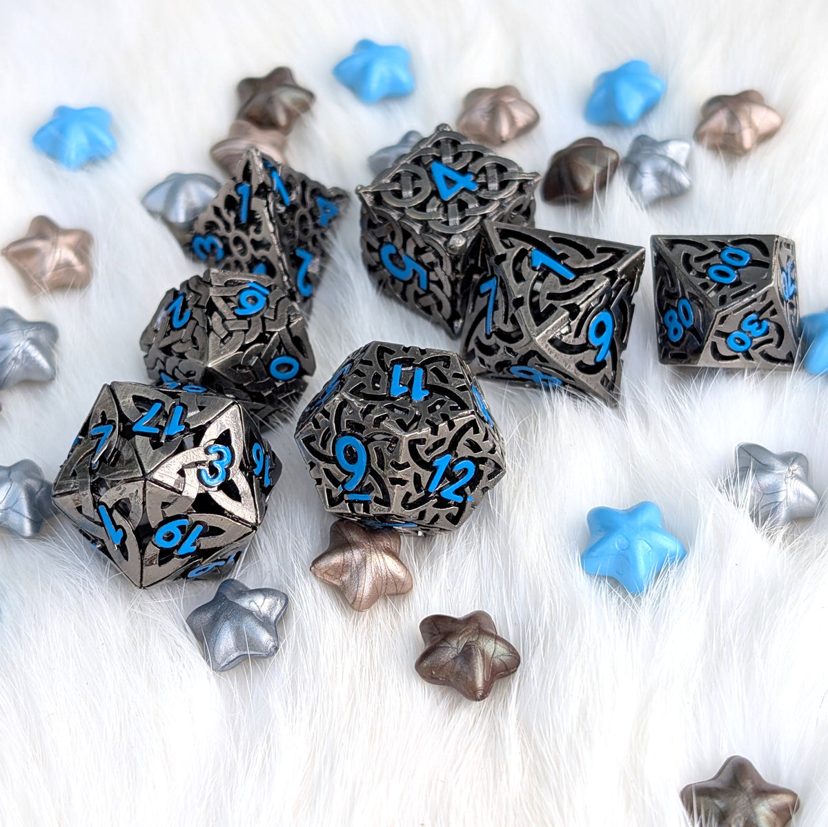 Celtic Knot Hollow Metal Dice Set, Dark Nickel with Blue Numbers