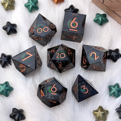 Moving Eye Liquid Core DnD Dice Set - Black & Green - The Hollow Gaze