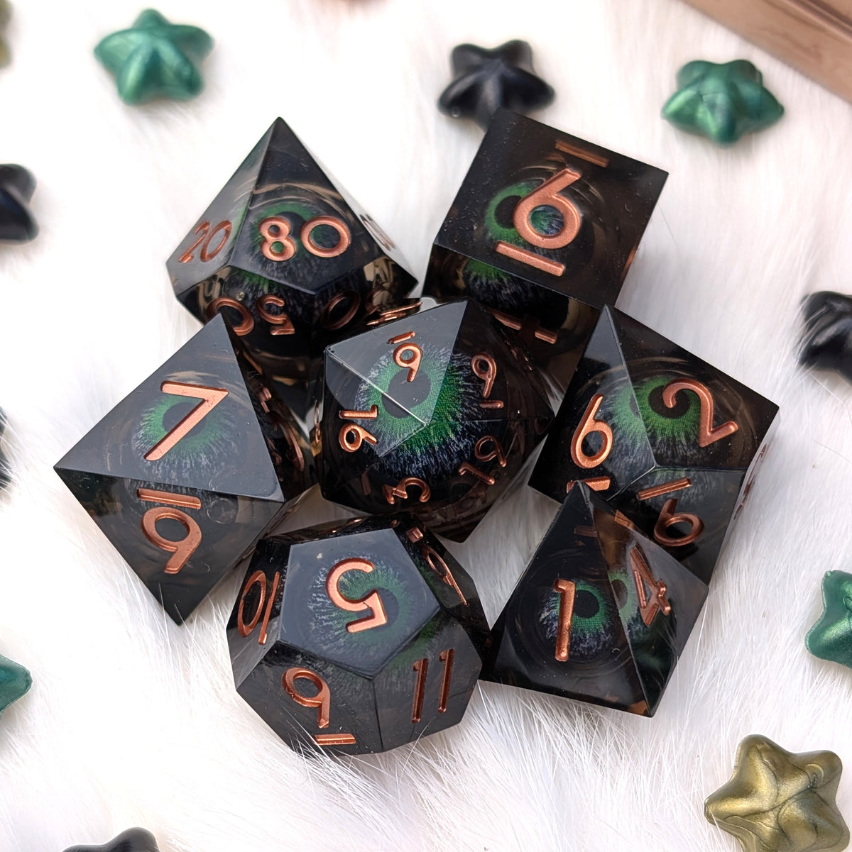 Moving Eye Liquid Core DnD Dice Set - Black & Green - The Hollow Gaze