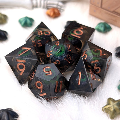 Moving Eye Liquid Core DnD Dice Set - Black & Green - The Hollow Gaze