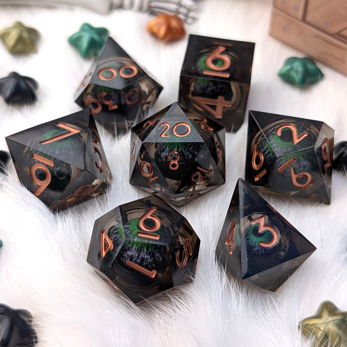 Moving Eye Liquid Core DnD Dice Set - Black & Green - The Hollow Gaze