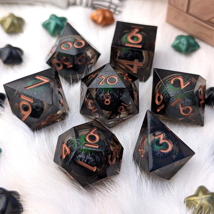 Moving Eye Liquid Core DnD Dice Set - Black & Green - The Hollow Gaze