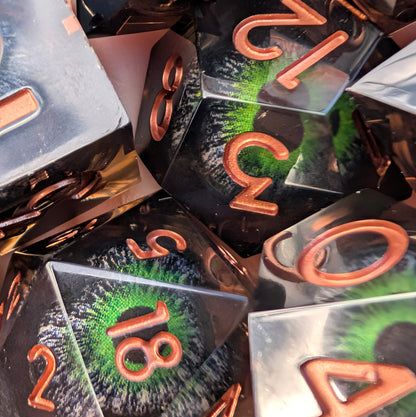 Moving Eye Liquid Core DnD Dice Set - Black & Green - The Hollow Gaze