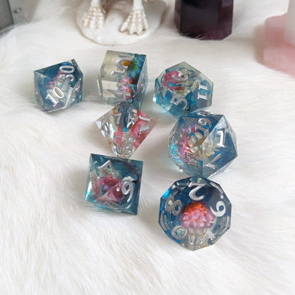 Pink, White, and Blue Flower DnD Dice Set