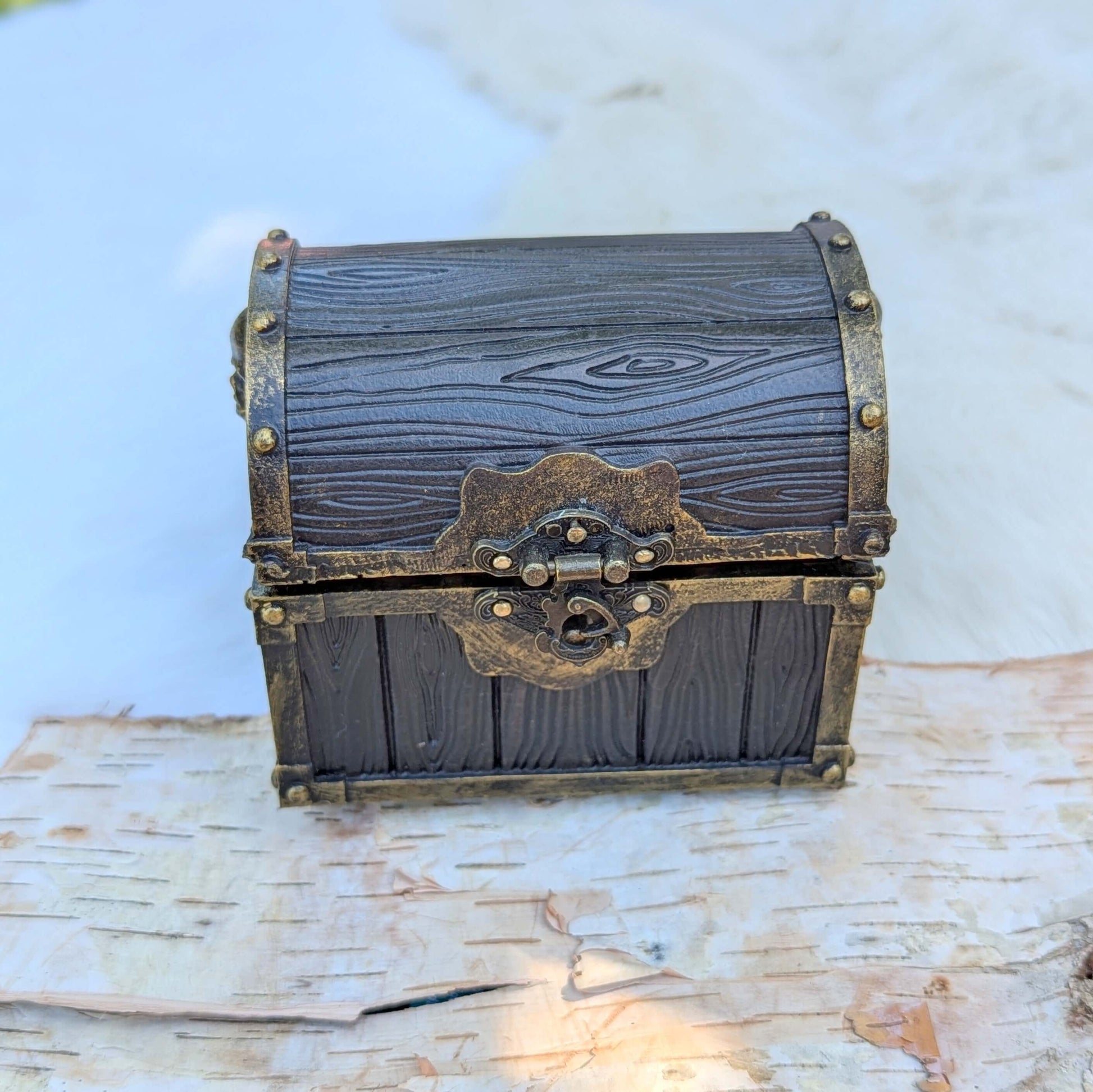 Mimic Treasure Chest Dice Box with wood and metal details against birch bark background, featuring secure latch.