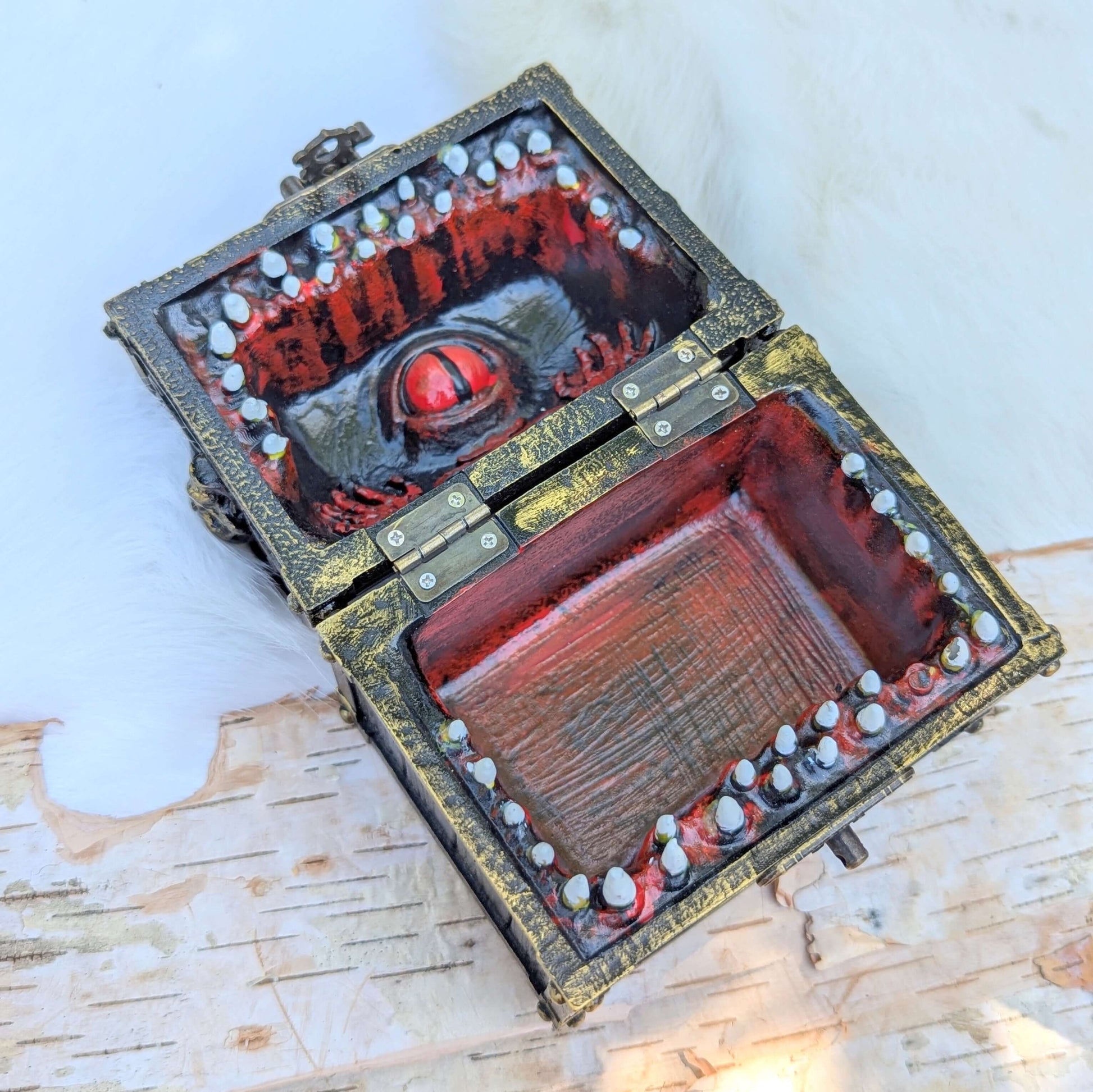 Mimic Treasure Chest Dice Box open to reveal a detailed interior with eye and teeth design, blending whimsy and adventure.