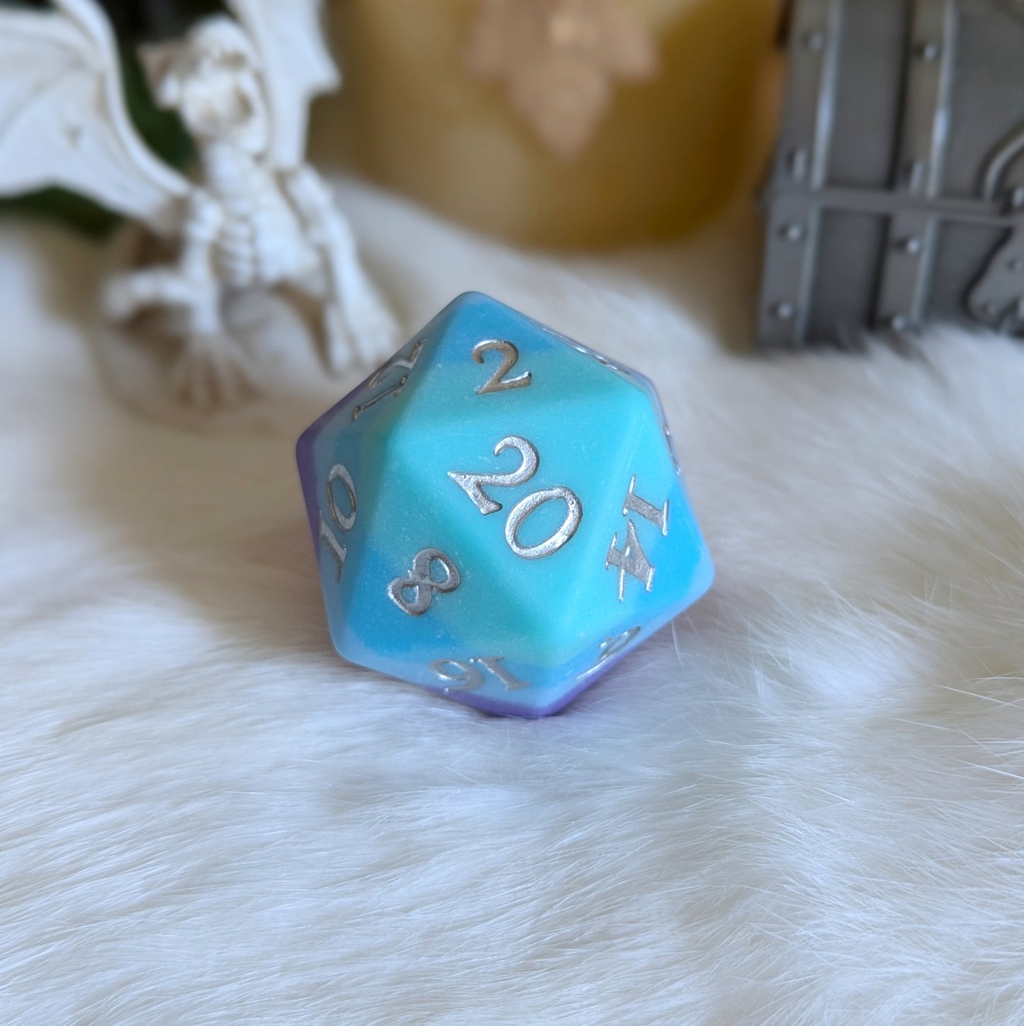 Twilight Serenity Dice Set featuring a teal to purple gradient d20 die with a matte finish on a soft white background.