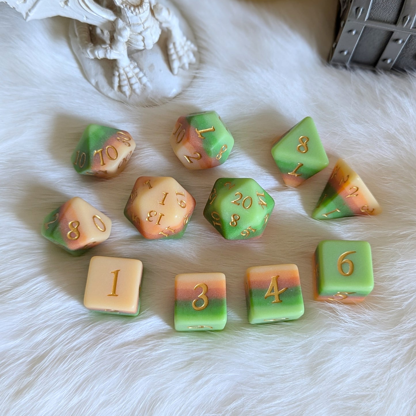 Forest's Heart dice set with matte finish and metallic gold numbers, featuring ombre resin in green, brown, and creamy yellow.