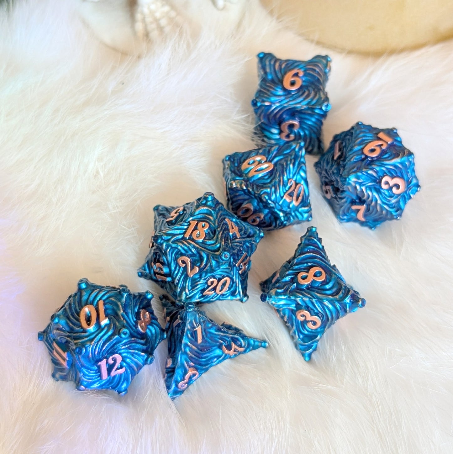 Enchanted Bark Metal Dice Set in Blue with Copper Numbers on Furry Surface