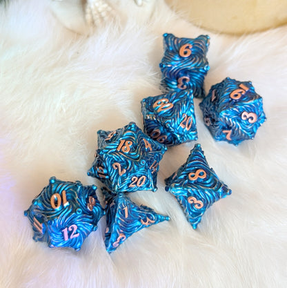 Enchanted Bark Metal Dice Set in Blue with Copper Numbers on Furry Surface