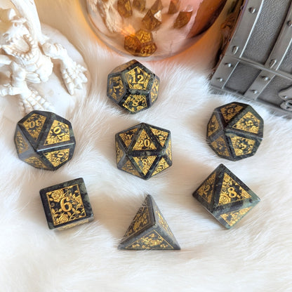 Kambaba Jasper Rose Dice Set with gold-engraved rose vines on elegant gemstone dice, symbolizing strength and elegance.