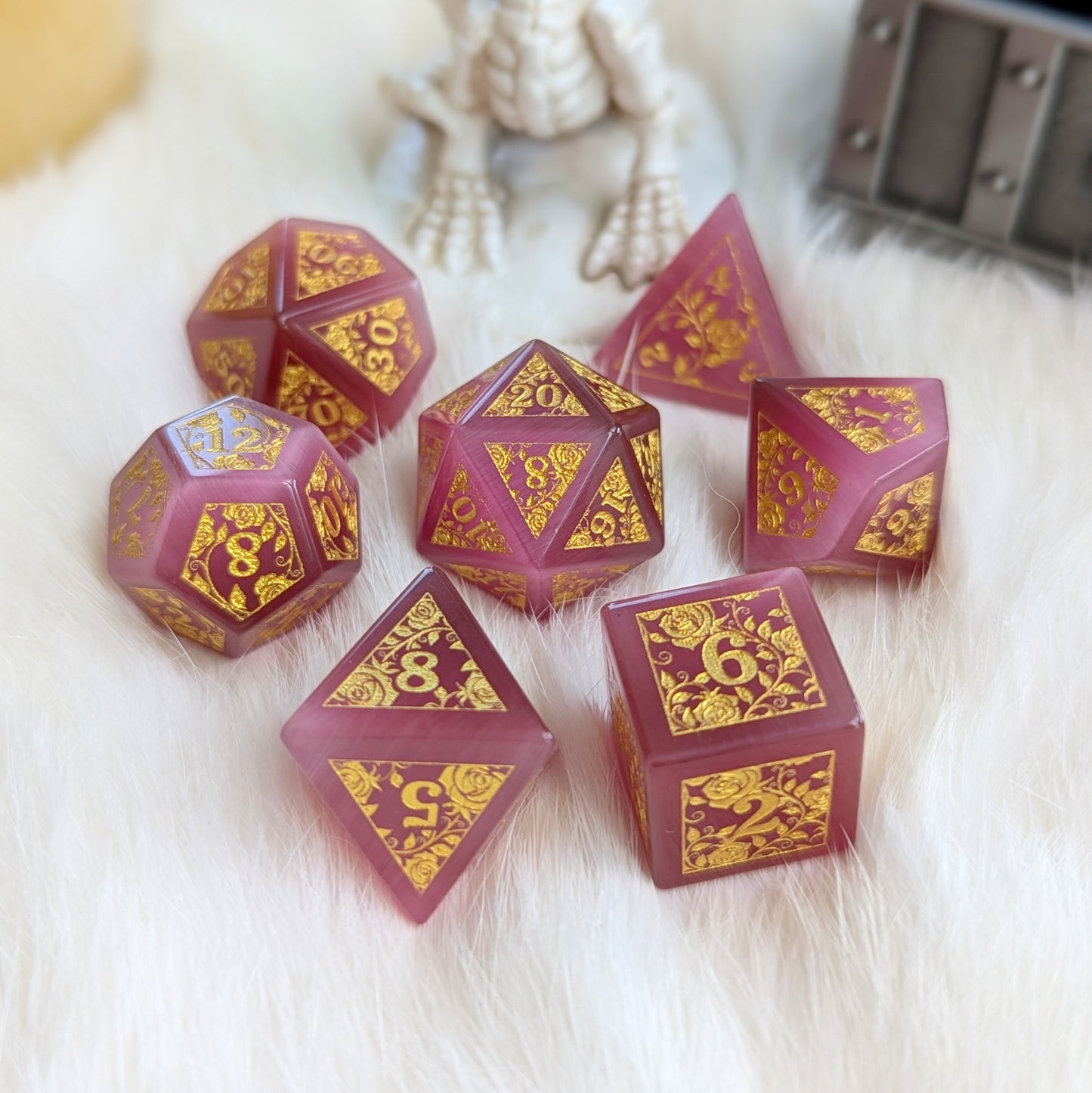 Rose Cat’s Eye Glass Dice Set with Gold Rose Vine Engravings on Furry Surface