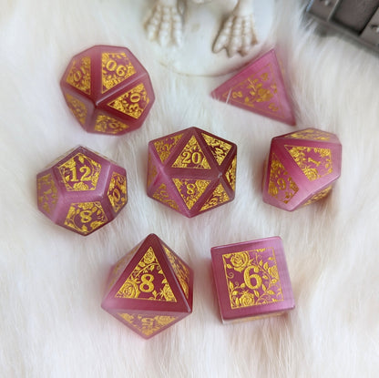 Rose Cat’s Eye Glass Dice Set with Gold Rose Vine Engravings on White Fur