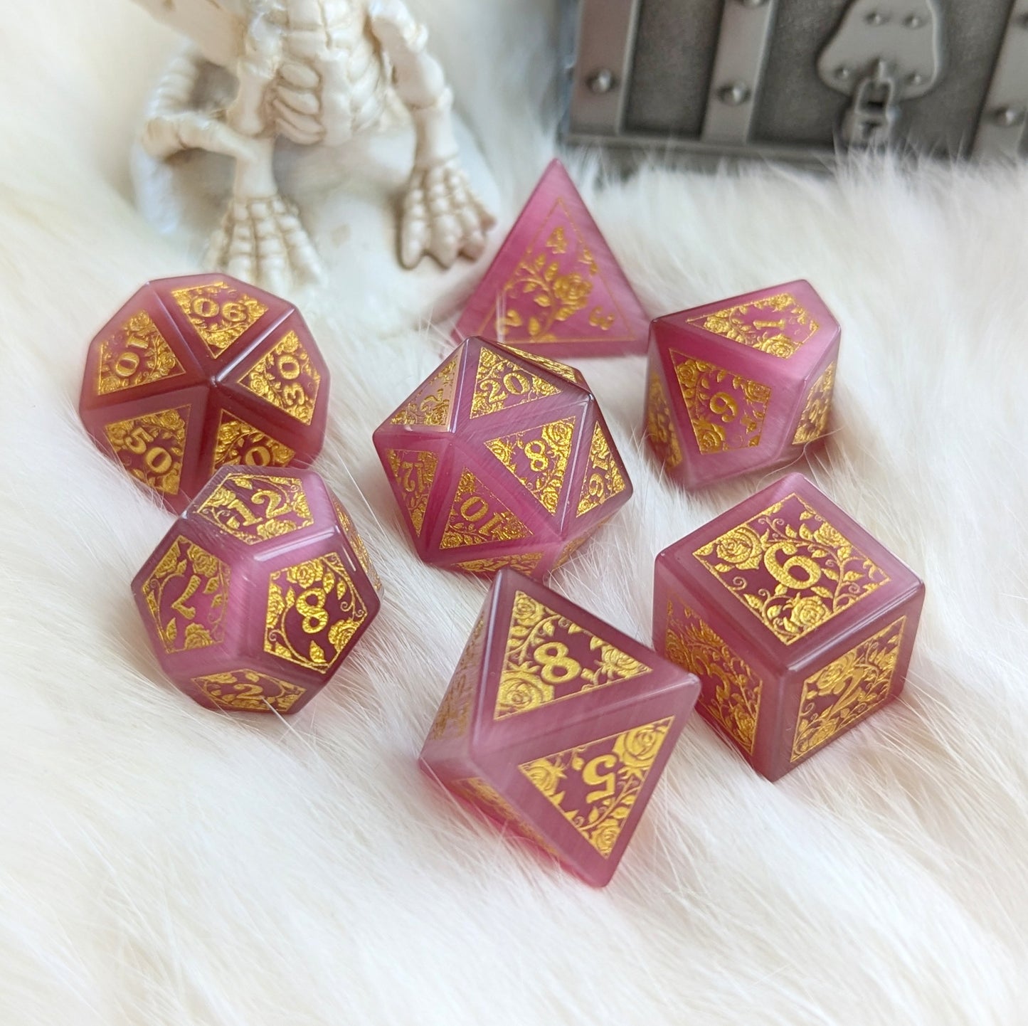 Rose Cat's Eye Glass Dice Set with Gold Rose Vine Engravings on Fur Background