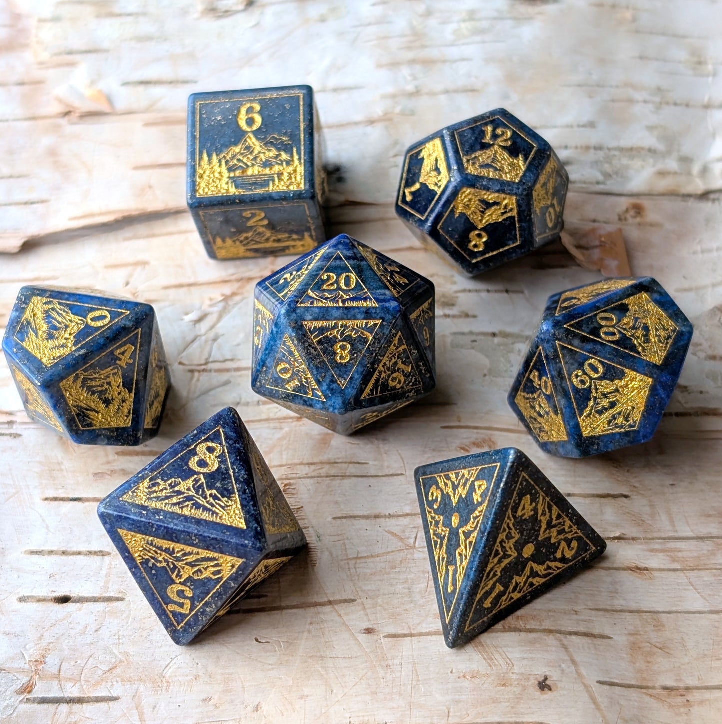 Everwild – Lapis Gemstone Dice Set, Forest and Mountain Etched, TTRPG 7 Piece Dice