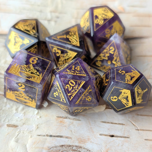 Everwild – Amethyst Gemstone Dice Set, Forest and Mountain Etched, TTRPG 7 Piece Dice Fennek and Finch