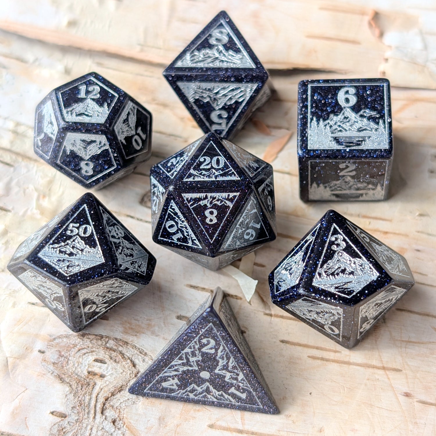Everwild – Blue Goldstone Gemstone Dice Set, Forest and Mountain Etched, TTRPG 7 Piece Dice Fennek and Finch