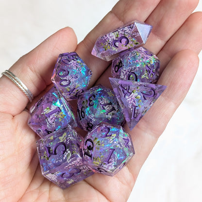 Wisteria Garden Dice Set - Sharp Edge Resin DnD Dice with Bonus Crystal D4 Dice Sets & Games Fennek and Finch