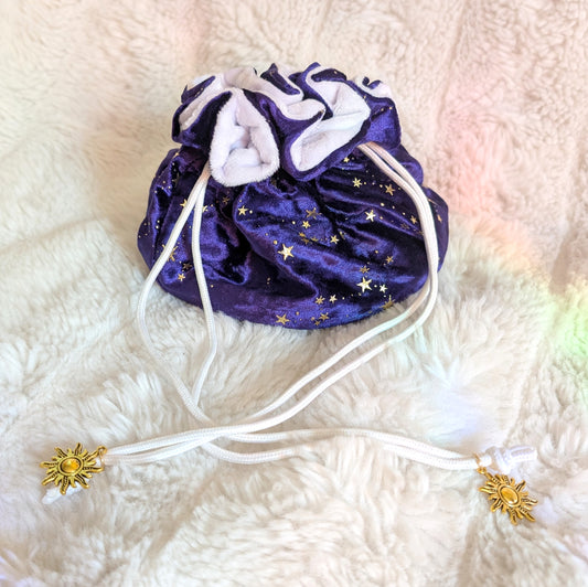 Celestial Starry Multi-Pocket Dice Bag - Deep Purple & White Velvet with Gold Charms Fennek and Finch