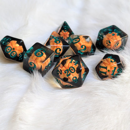 DnD Dice Set Pumpkin Inclusion Black and Green Polyhedral Dice for Tabletop RPG