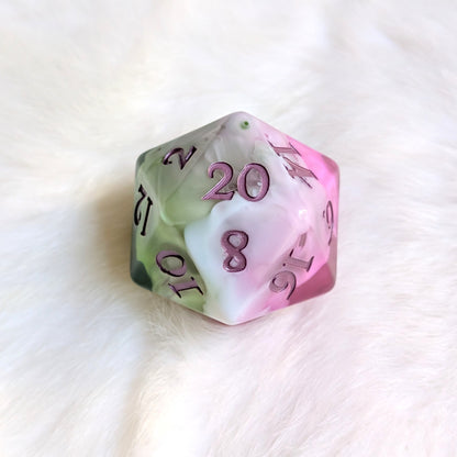 Large D20 Bardic Inspiration Pink Green and White Die for DnD and TTRPG