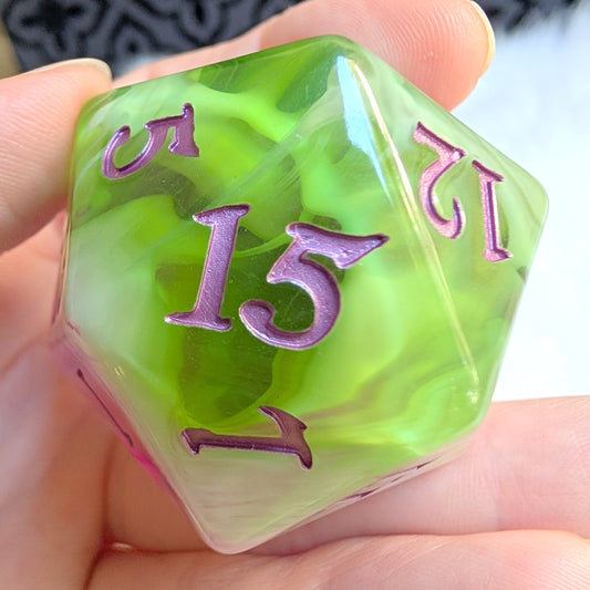 Large D20 Bardic Inspiration Pink Green and White Die for DnD and TTRPG