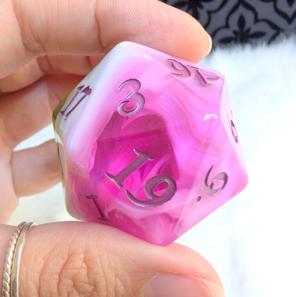 Large D20 Bardic Inspiration Pink Green and White Die for DnD and TTRPG