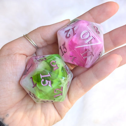 Large D20 Bardic Inspiration Pink Green and White Die for DnD and TTRPG