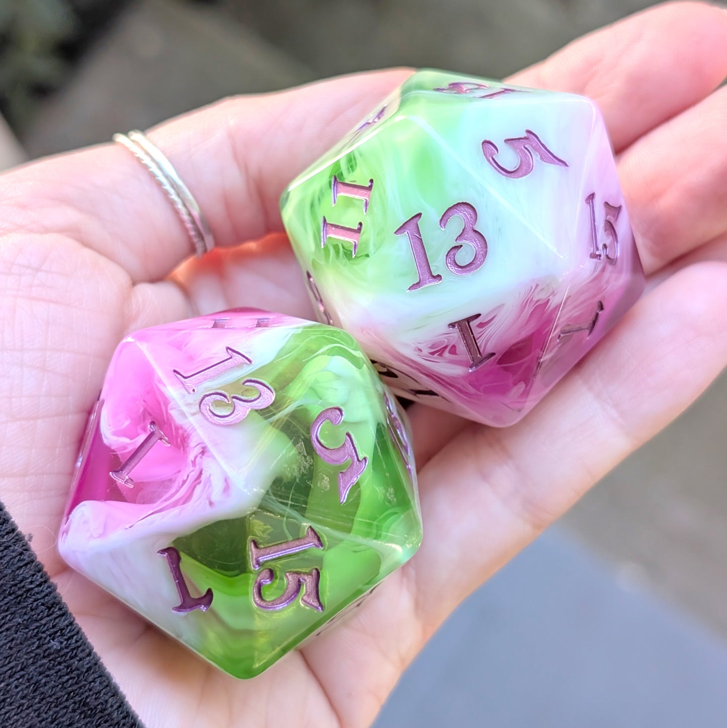 Large D20 Bardic Inspiration Pink Green and White Die for DnD and TTRPG