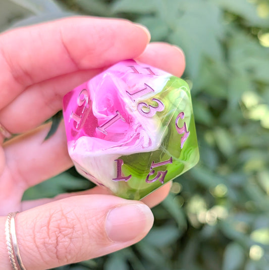 Large D20 Bardic Inspiration Pink Green and White Die for DnD and TTRPG