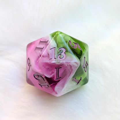 Large D20 Bardic Inspiration Pink Green and White Die for DnD and TTRPG