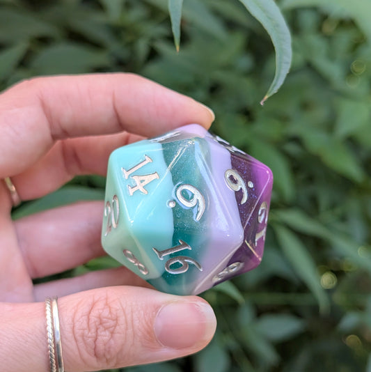 Large D20 Fae Dragon Purple and Teal Die for DnD and Tabletop RPG