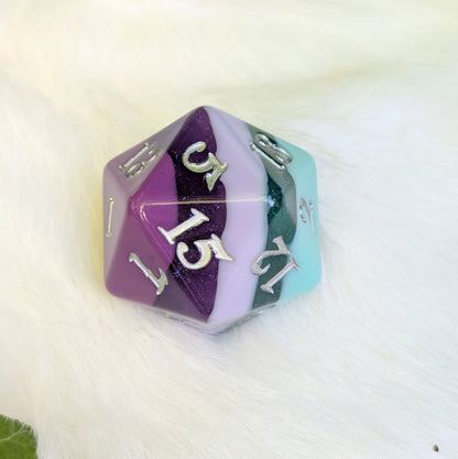 Large D20 Fae Dragon Purple and Teal Die for DnD and Tabletop RPG
