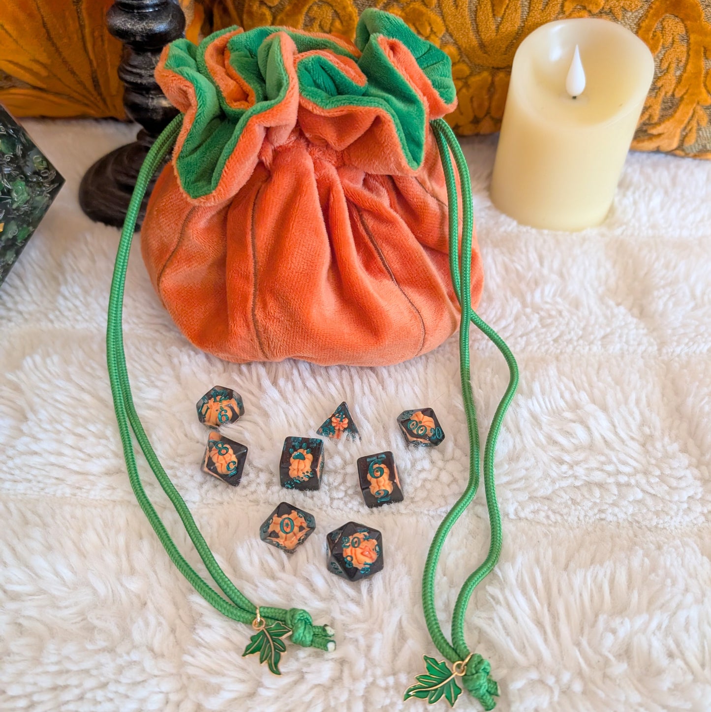 Pumpkin Plush Dice Bag with Pockets Orange and Green Drawstring Bag for DnD and Halloween