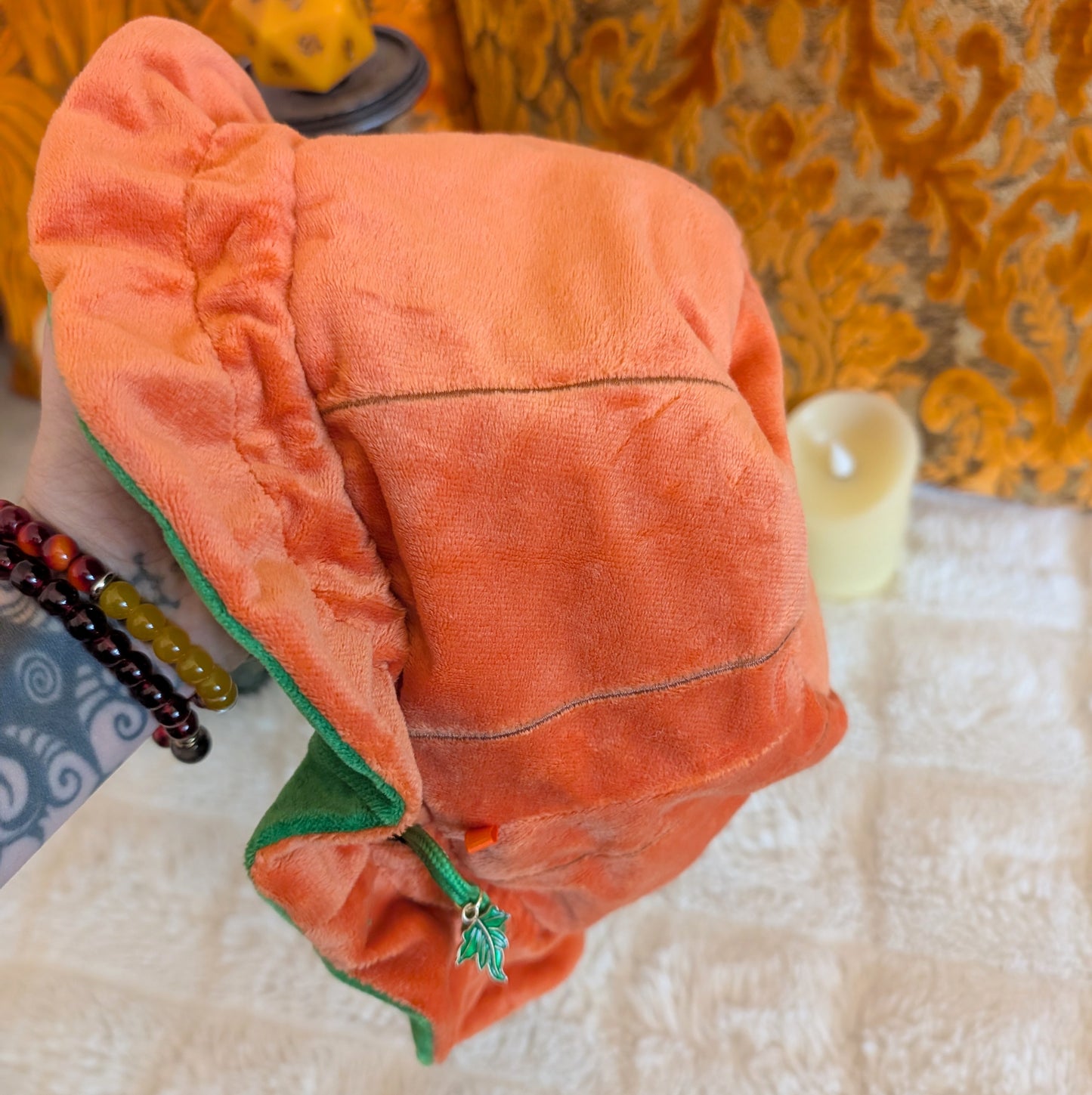 Pumpkin Plush Dice Bag with Pockets Orange and Green Drawstring Bag for DnD and Halloween