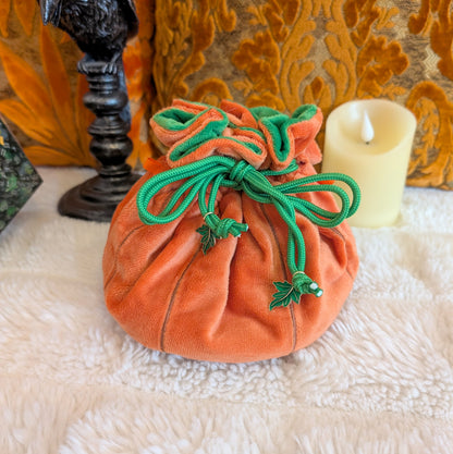 Pumpkin Plush Dice Bag with Pockets Orange and Green Drawstring Bag for DnD and Halloween