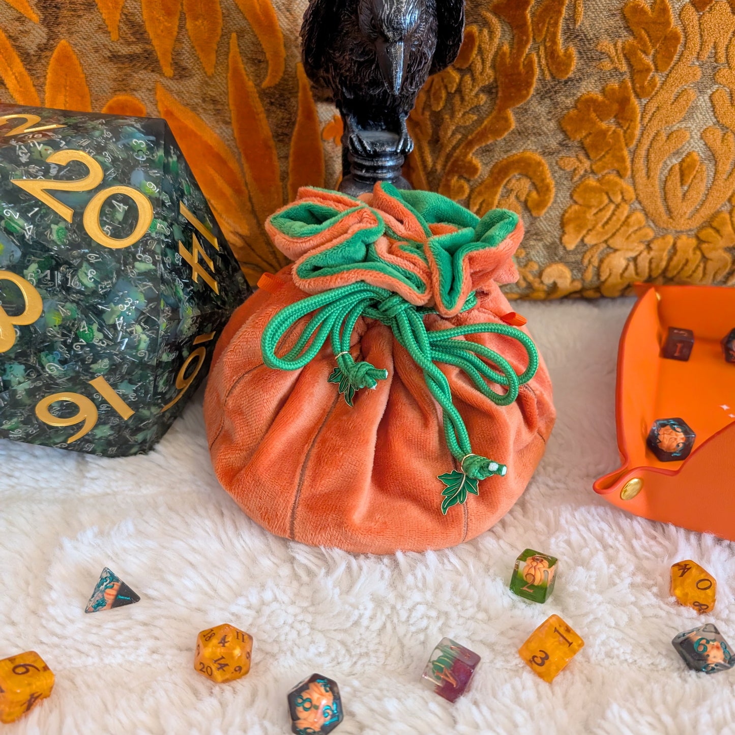 Pumpkin Plush Dice Bag with Pockets Orange and Green Drawstring Bag for DnD and Halloween