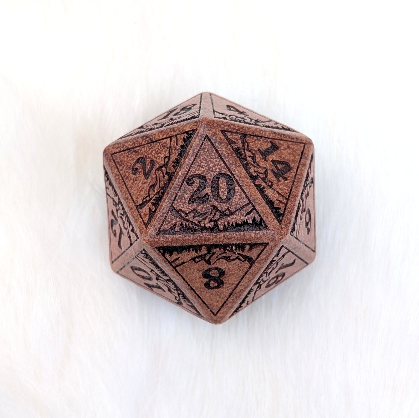 Everwild D20 – Large 1.25" Wooden Die with Mountains and Forest Engravings Dice sets Fennek and Finch