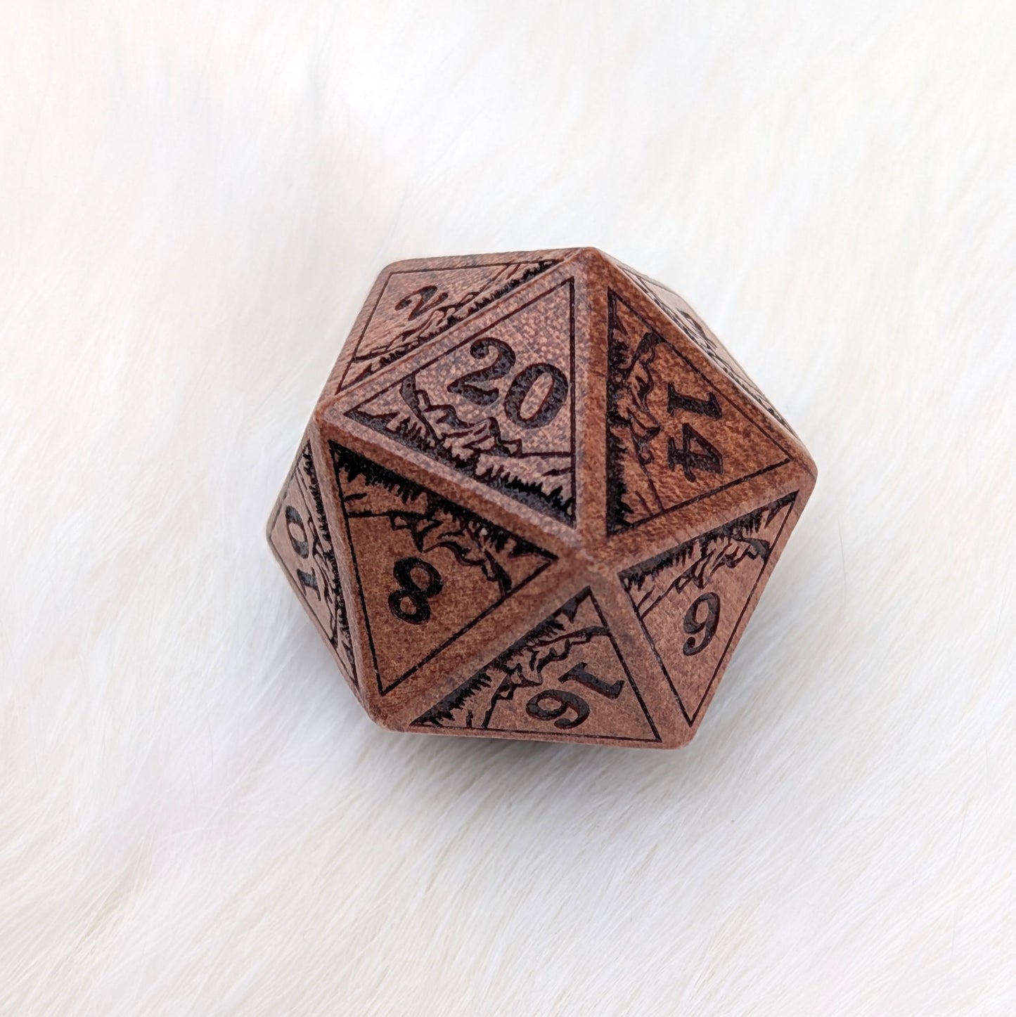 Everwild D20 – Large 1.25" Wooden Die with Mountains and Forest Engravings Dice sets Fennek and Finch