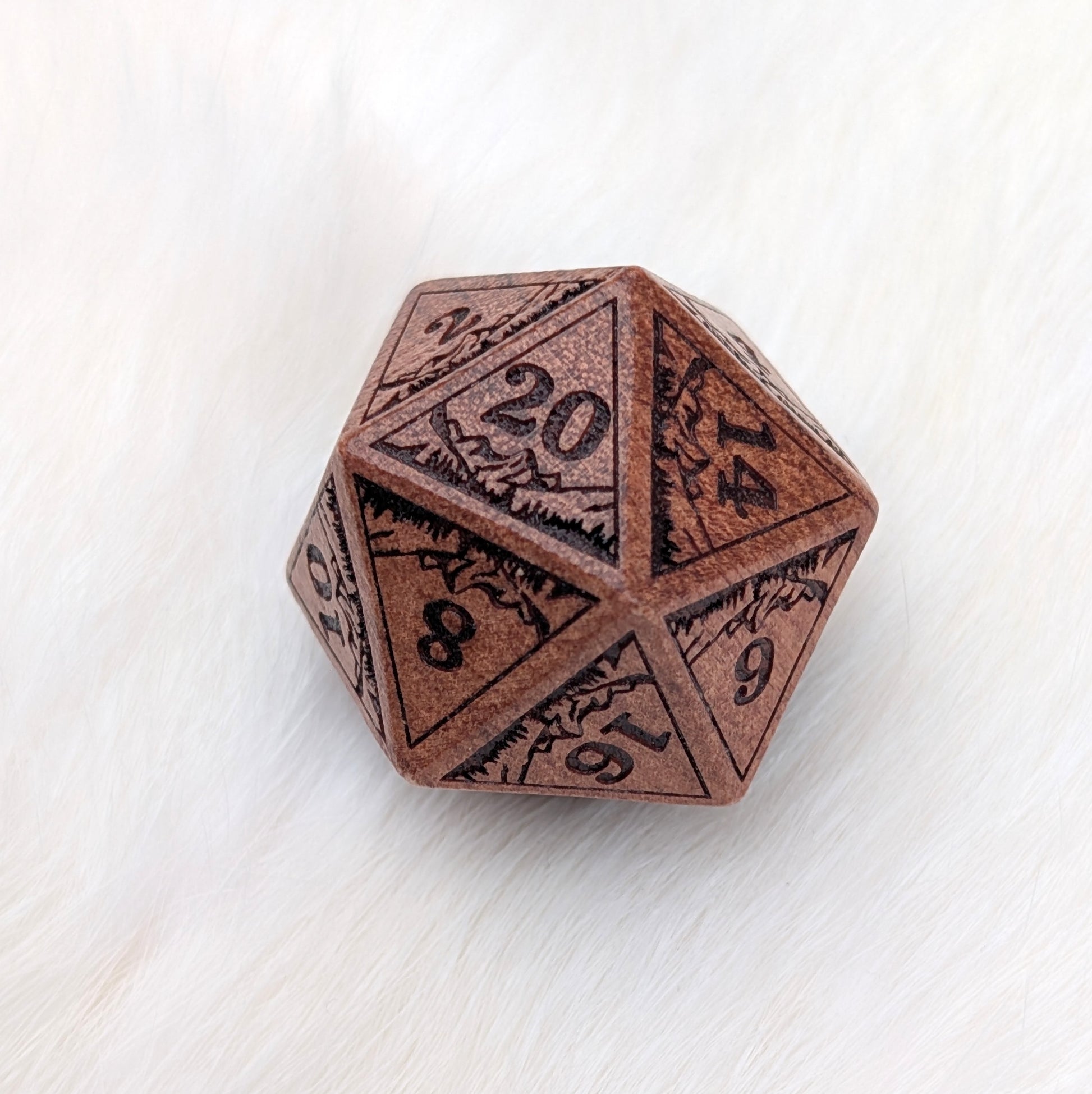 Everwild D20 – Large 1.25" Wooden Die with Mountains and Forest Engravings Dice sets Fennek and Finch