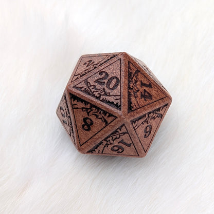 Everwild D20 – Large 1.25" Wooden Die with Mountains and Forest Engravings Dice sets Fennek and Finch