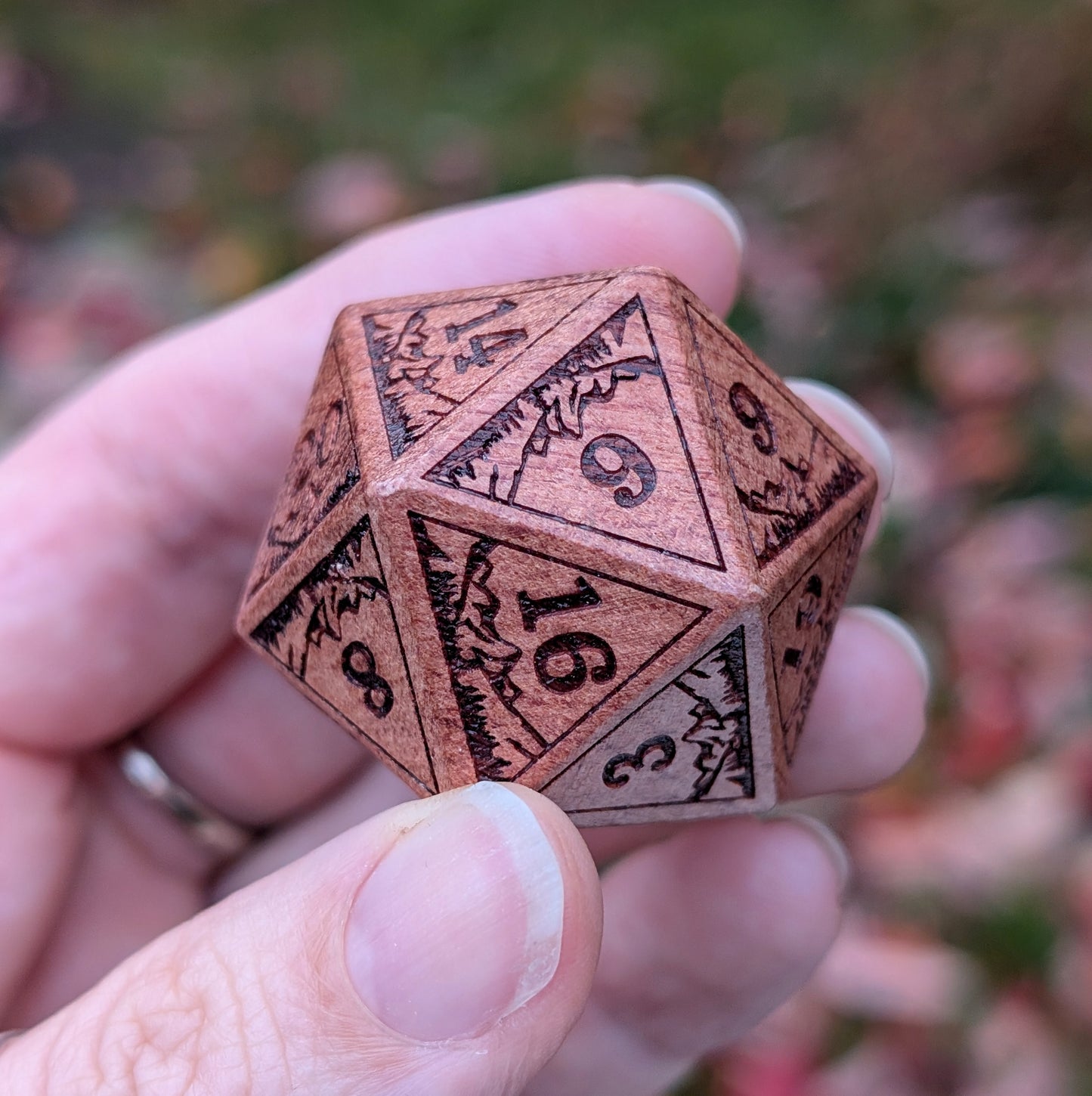 Everwild D20 – Large 1.25" Wooden Die with Mountains and Forest Engravings Dice sets Fennek and Finch