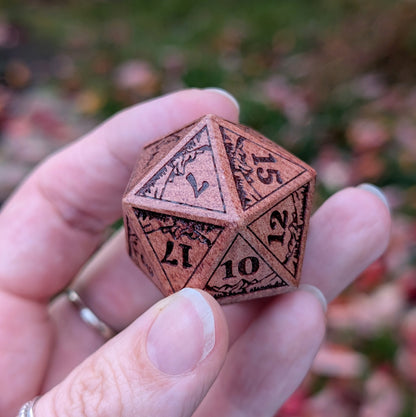 Everwild D20 – Large 1.25" Wooden Die with Mountains and Forest Engravings Dice sets Fennek and Finch